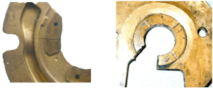 loss of oil film and excessive heat caused cracked and worn thrust bearing pads